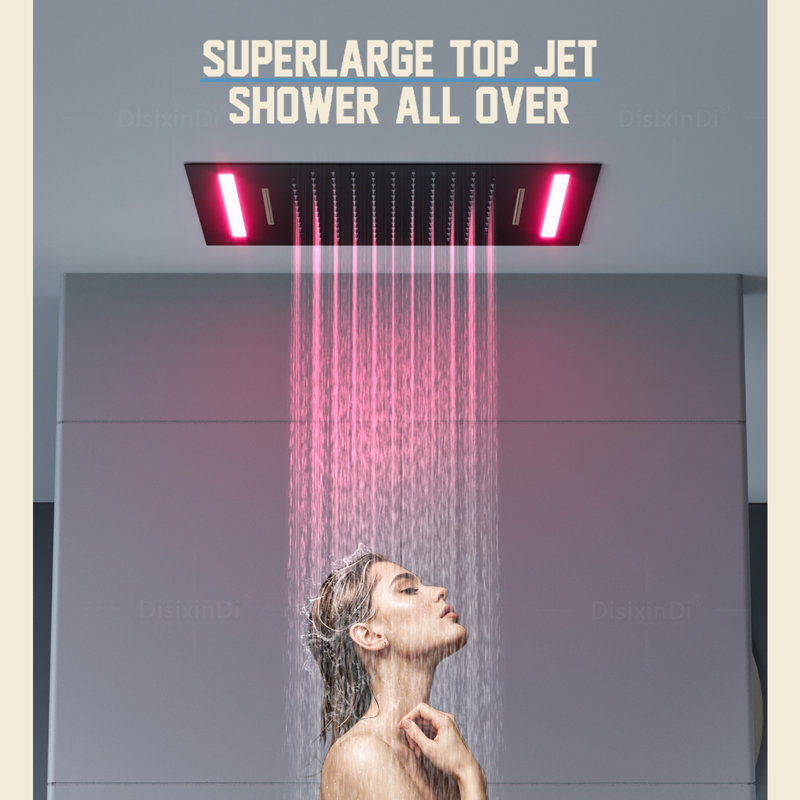 Ceiling Rain LED Shower Head with Handheld Spray Thermostatic Rainfall Shower System Set and Body Jets, Matte Black
