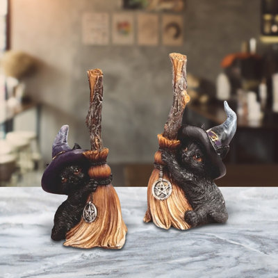 Jeorgia 2-PC Set 4.5"H Black Cat with Broom Set Figurine Unique Gifts