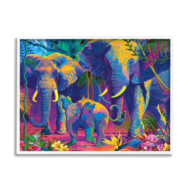 «Elephants In Vivid Hues» par Michael Ward, H 16 po x l 20 po x P 1,5 po, Cadre noir