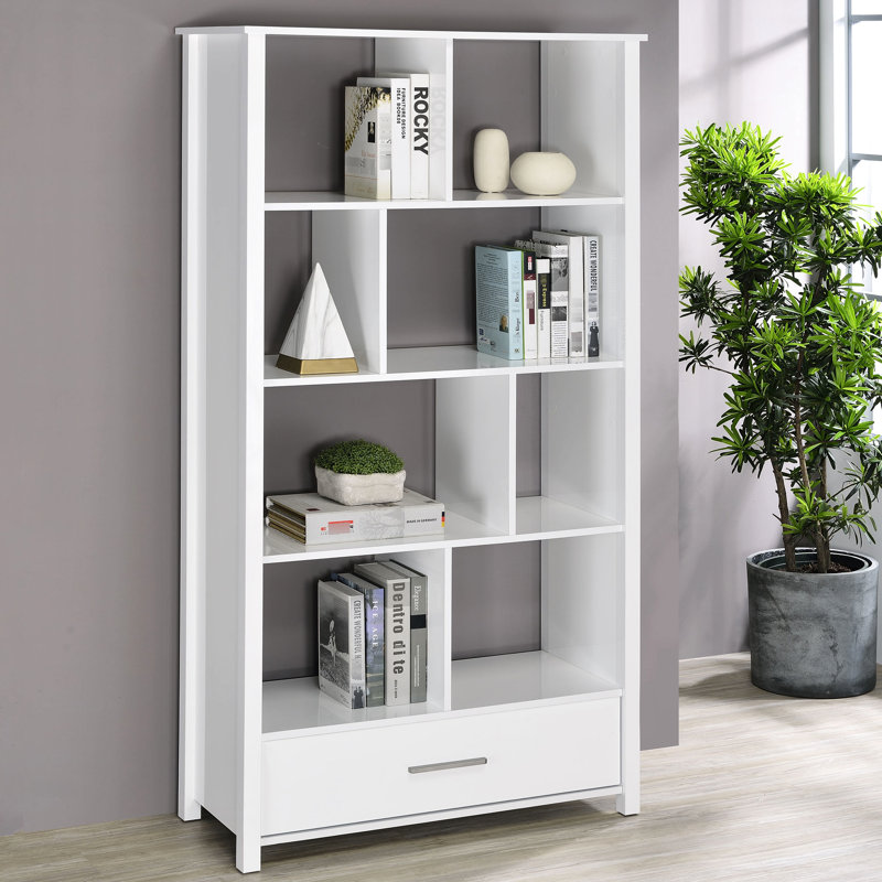 Étagère de rangement à 4 tablettes blanche ultrabrillante avec plateau supérieur et inférieur en verre courbé pour le rangement, servant de paravent dans les espaces de vie principaux, tiroir de bibliothèque de 68 pouces de hauteur, utilisé