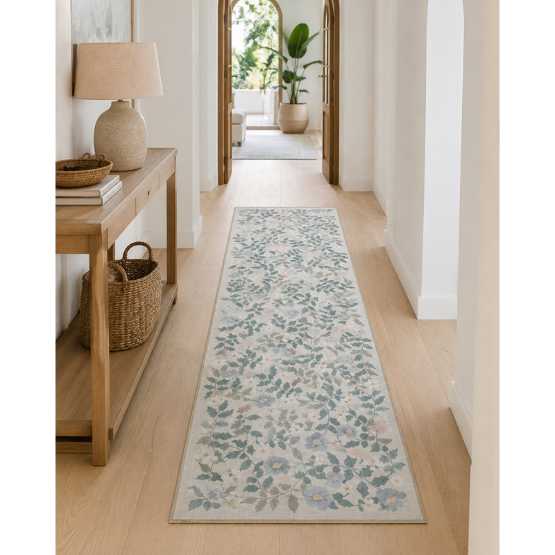 Floral Cream Woven Base Washable Carpet, Rectangle 4' x 5'11"