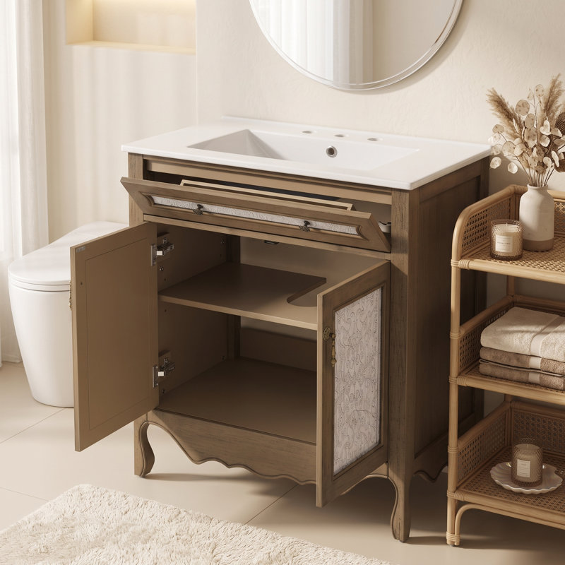 Meuble-lavabo en bois avec lavabo en céramique, tablette réglable et portes