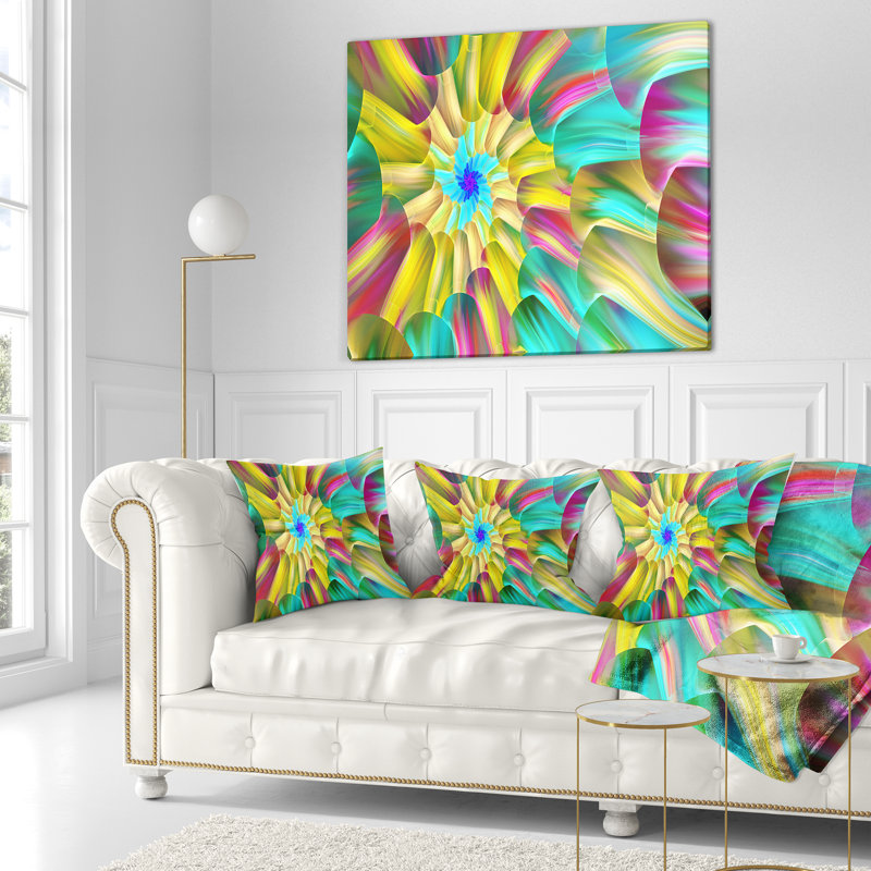 Spectaculaire vitrail avec spirales - coussin imprimé floral, 16 po x 1 po, Bleu sarcelle/jaune, Coussin décoratif