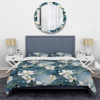 Magnolias Vein White And Blue Marble Pattern I - Marble Duvet Cover Set