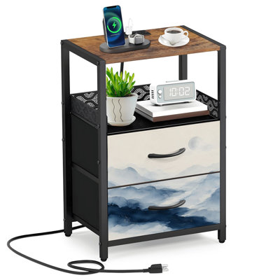 Table de chevet 2 tiroirs en tissu avec station de charge à encre abstraite bleu marine et vagues fluides modernes Table de chevet subtile avec ports USB et prises USB