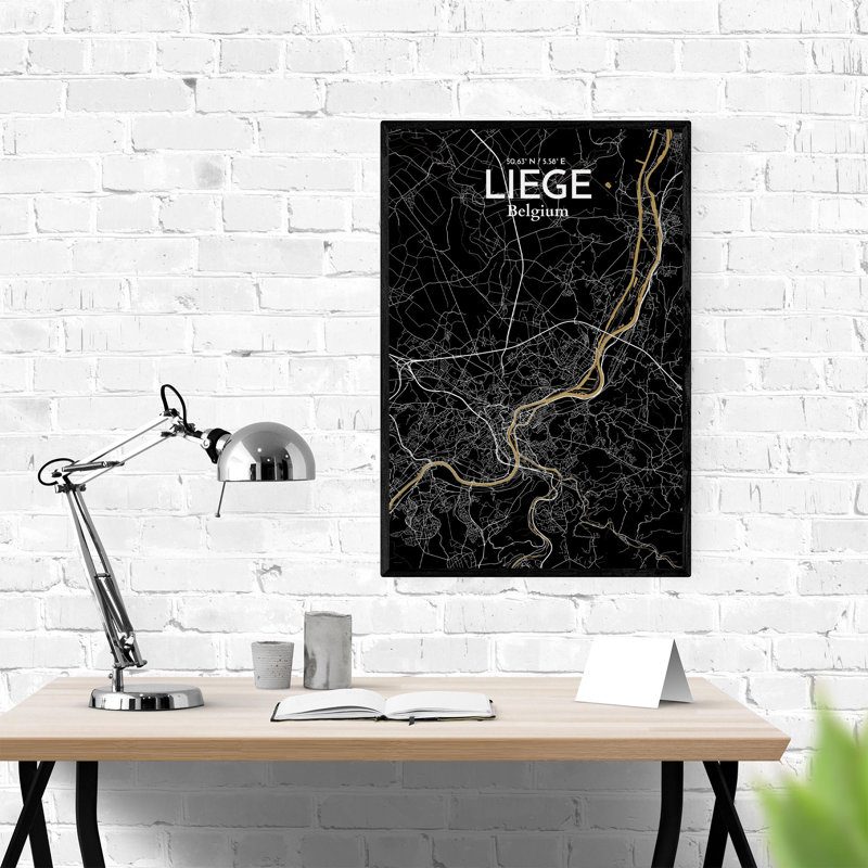 «Liege City Map», impression, H 36 po x l 24 po, Noir / or