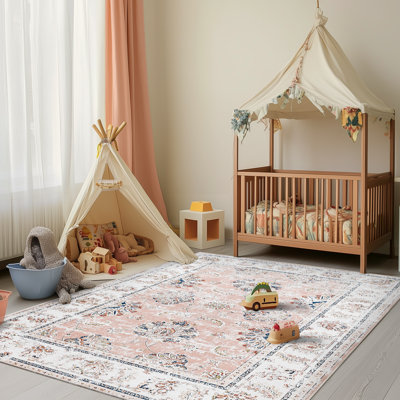 Tapis floral imprimé botanique rétro rose vieilli