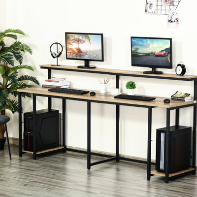 Bureau d'écriture double 78,75 pouces pour deux personnes, avec tablette et support pour moniteur, bureau très long pour ordinateur brun clair, table industrielle