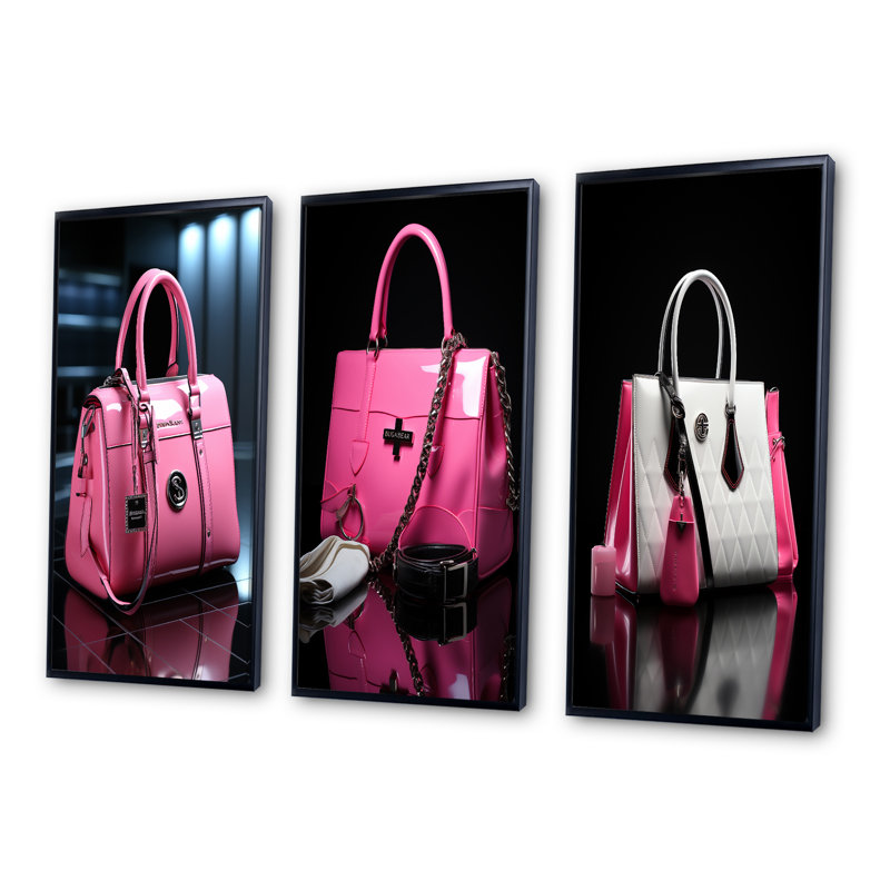 «Fashion Pink Bag Glamour II», 3 pièces sur toile, Cadre noir, H 28 po x l 36 po