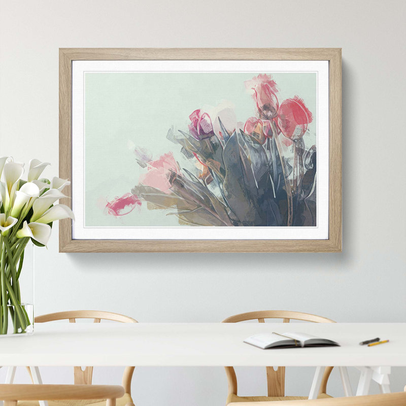 Bunch of Pink Tulips in Abstract - Picture Frame Art Print, 62cm H x 87cm W x 2cm D, Oak Framed