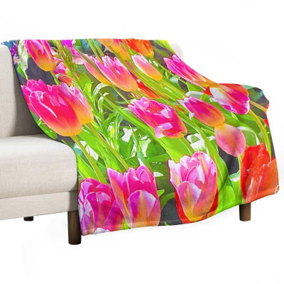 Vibrant Pink And Orange Tulips Blooming In Luxury Flannel Throw Blanket, Soft Warm Fuzzy Blanket for Living Room Sofa Bed Home Decor