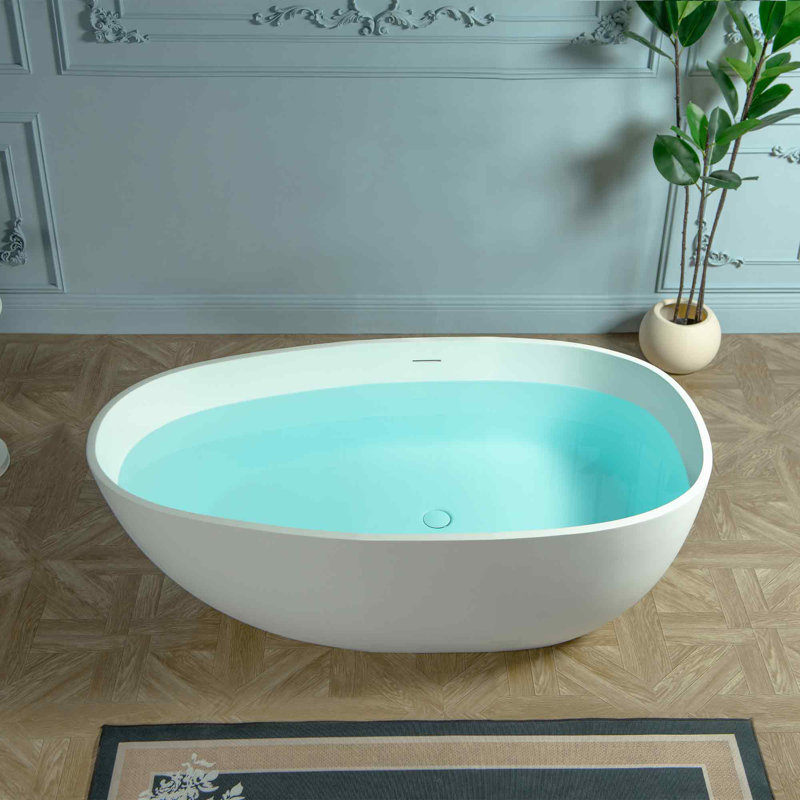 WOODBRIDGE 59" Egg-Shaped Solid Surface Freestanding Soaking Tub, Modern Oval Stone Resin Bathtub with Integrated Slotted Overflow & Drain, Matte White