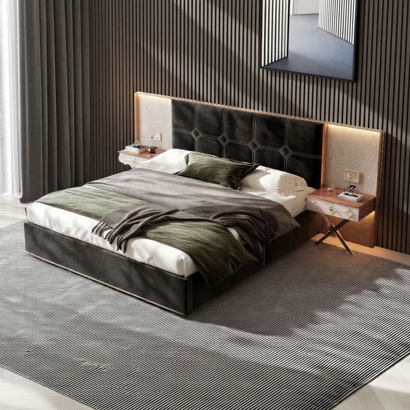 Luxurious Upholstered King Platform Bed With LED Lights & Charging Station And 2 Bedside Tables,Velvet Tufted And Metal Headboard With Metal Slat Support ,No Box Spring Needed,Black
