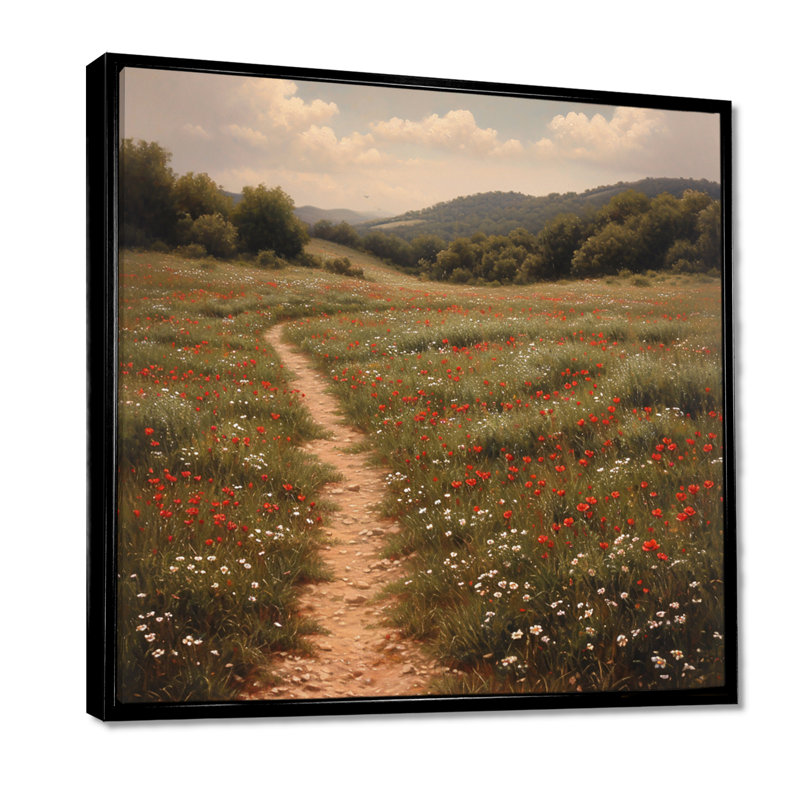 «Country Round Through Blossoming Meadow», impression d'art mural campagne, Toile avec cadre flottant noir