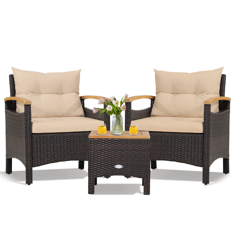 3-Piece Rattan Bistro Set Garden Table And Chairs W/ Cushion