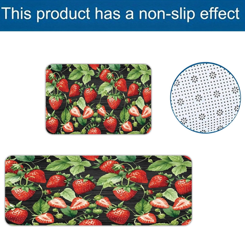 Black Background Strawberry Print Set of 2 Kitchen Floor Mats, Kitchen Dining Room