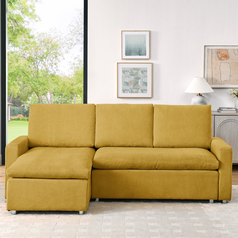 Lit convertible sans accoudoirs avec velours côtelé jaune et rangement caché, Jaune