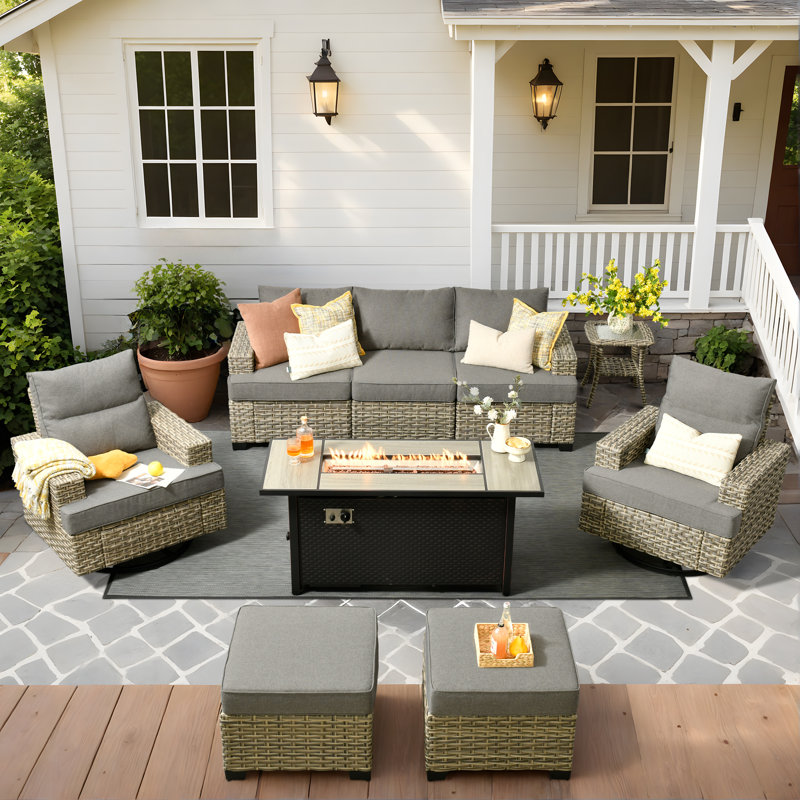 7- Person Rattan Outdoor Seating Group With Swivel Rockers and Fire Pit Table, Dark Gray
