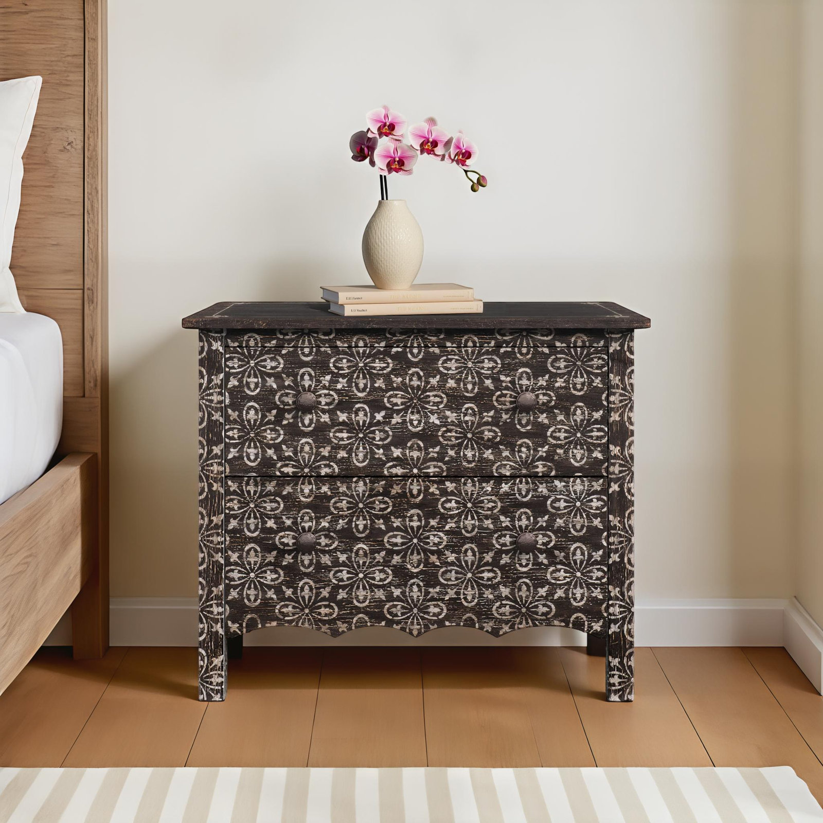 Americana 2-Drawer Oak Nightstand, Black/Cream