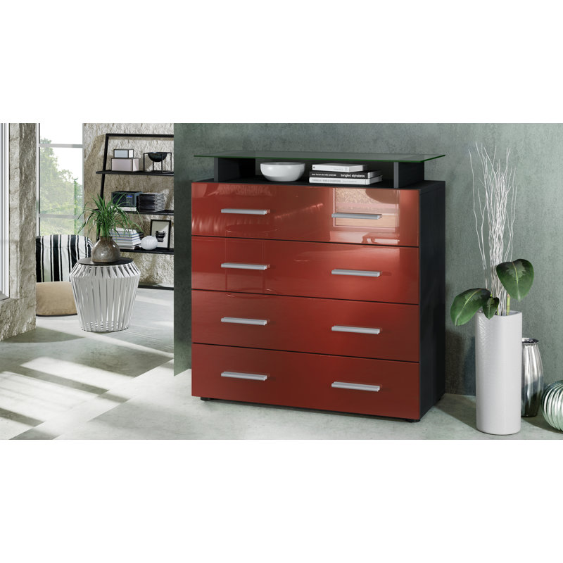 Mazur 4 Drawer 76cm W Chest, Black/Bordeaux, Without LED