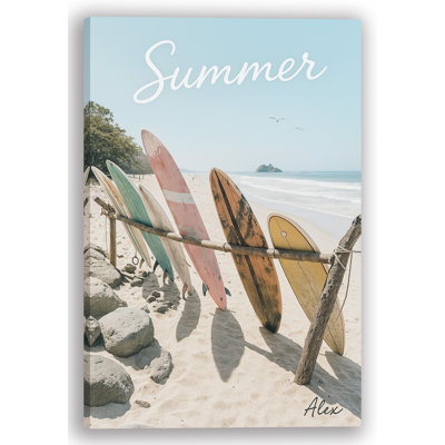 Planche de surf rétro sur le rivage - «Summer», art mural sur toile de plage