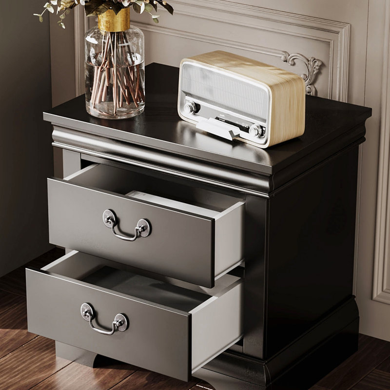 Table de chevet en bois classique, 2 tiroirs de rangement, L 22 po, bois massif, Black