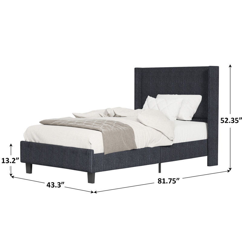 Schauer Corduroy Upholstered Wingback Bed, Metal Frame , Plywood Slats, No Box Spring, Black, Twin