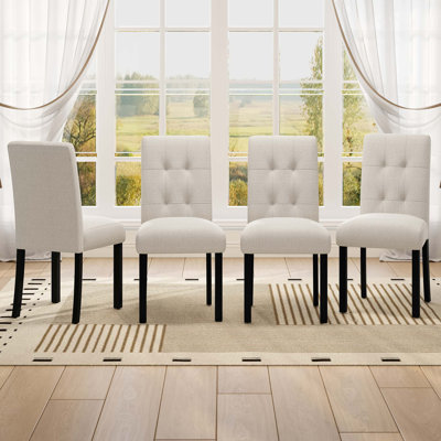 4 Piece Modern Tufted Dining Chair, Rustic Linen Upholstered With Rubber Wood Legs, Upholstered Accent Chair