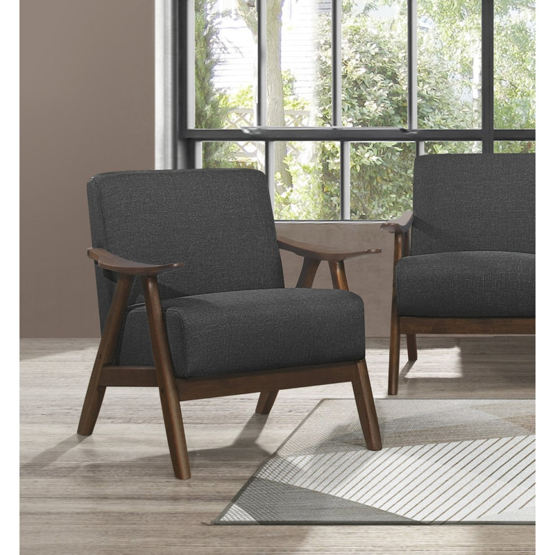 Fauteuil d'appoint rembourré gris foncé avec structure en bois texturé au fini noyer massif d'inspiration rétro, Gris foncé