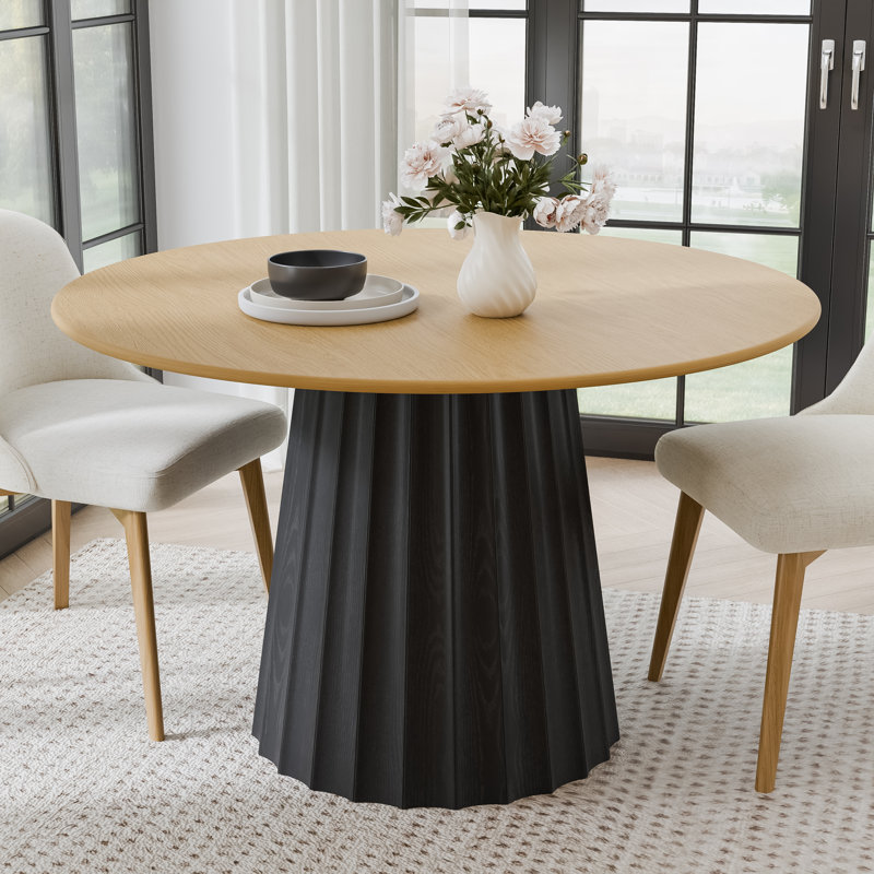 46" Two-tone Round Oak Dining Table with Solid Wood Pedestal Modern Kitchen Table for Living Room Dining Room Seats 4