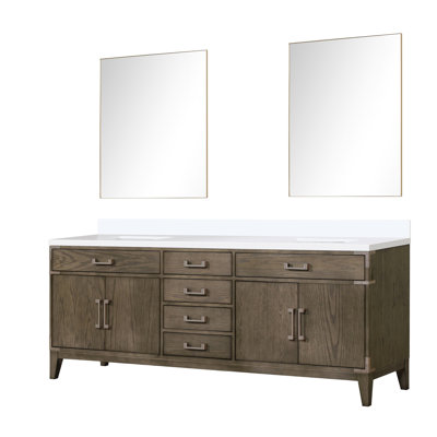 84 po Meuble-lavabo double large en chêne gris avec fonction de fermeture en douceur et miroirs avec 36