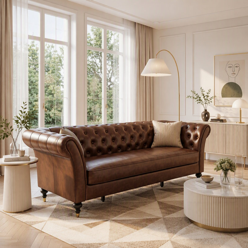 Luxueux canapé Chesterfield en cuir cognac avec capitonnage profond, accoudoirs roulés et pieds en bois rétro pour une décoration intérieure élégante