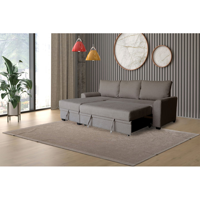 Namir 90.5"W  Flannel Fabric Sleeper Sectional With Left-Facing Storage Chaise, Brown Fabric