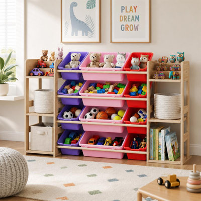 Kids Toy Storage Organizer, 12 Bins & 6 Open Shelves Wooden Storage Cabinet, Solid Pine Toy Shelf for Playroom, Bedroom & Living Room by Rebrilliant