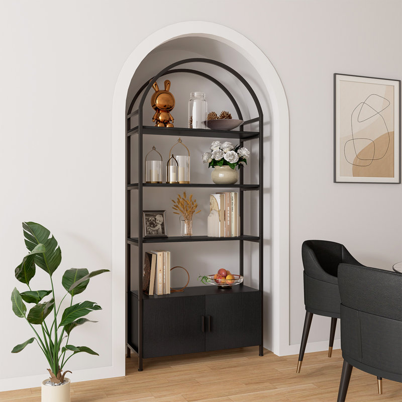 Rone Gold Bookshelf Arched Bookcase With Doors Hidden Storage Luxury Sideboard, Black