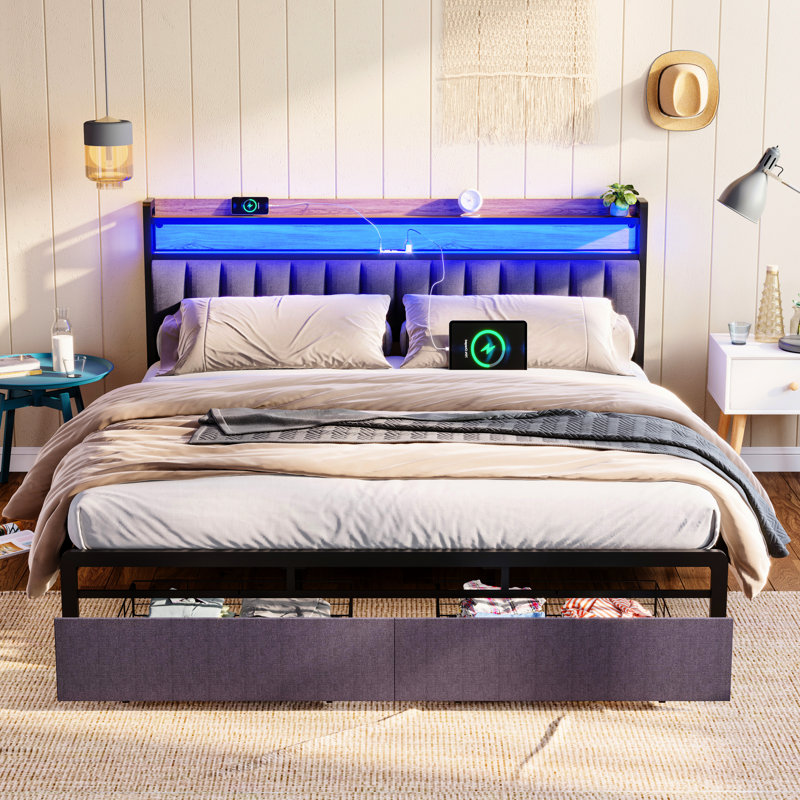 Base de lit très grande avec rangement, tête de lit avec tiroirs, sommier sans sommier, espace de rangement rapide à DEL