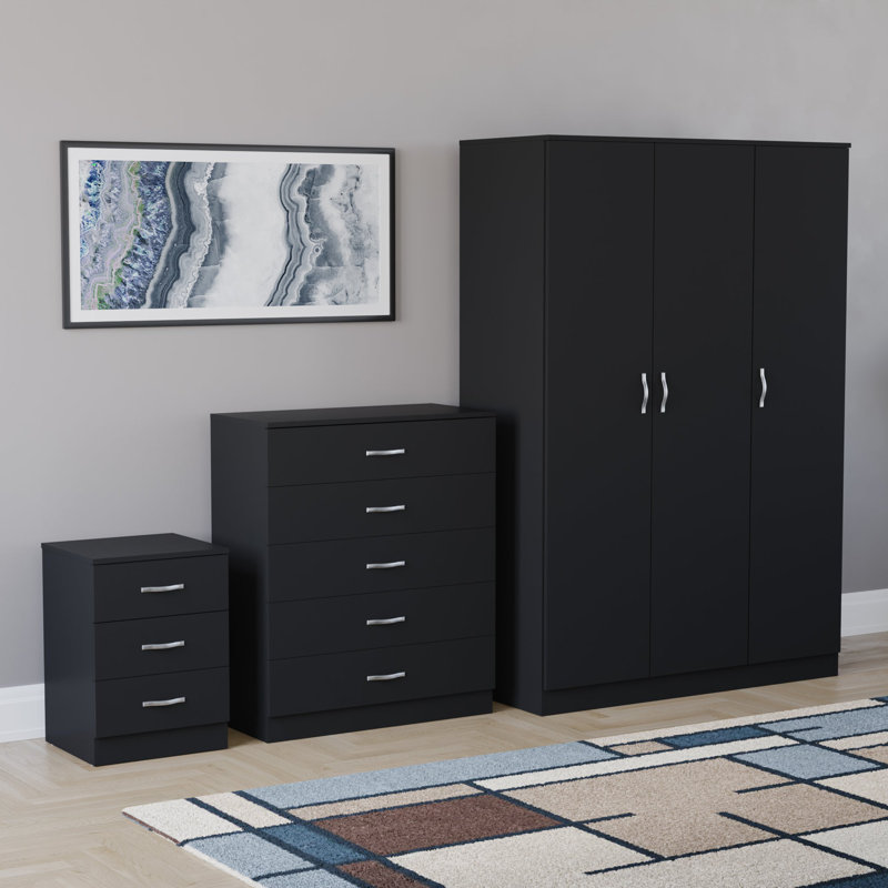 Maybery 3 Piece Bedroom Set (3 Drawer Bedside Chest, 5 Drawer Chest, 3 Door Wardrobe), (5), Black