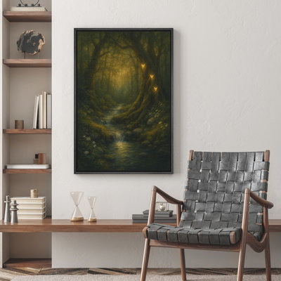 Enchanted Forest with Glowing Butterflies Mystical Fantasy Landscape - Framed Canvas Wall Art Print