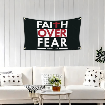 3x5ft Christian Flag with Canvas Header - Vibrant Faith Over Fear Design, Durable UV Resistant Polyester, 4 Brass Grommets, Psalm 118:6 Scripture Verse, Perfect Universal Holiday Hanging Decor for Indoor and Outdoor Use