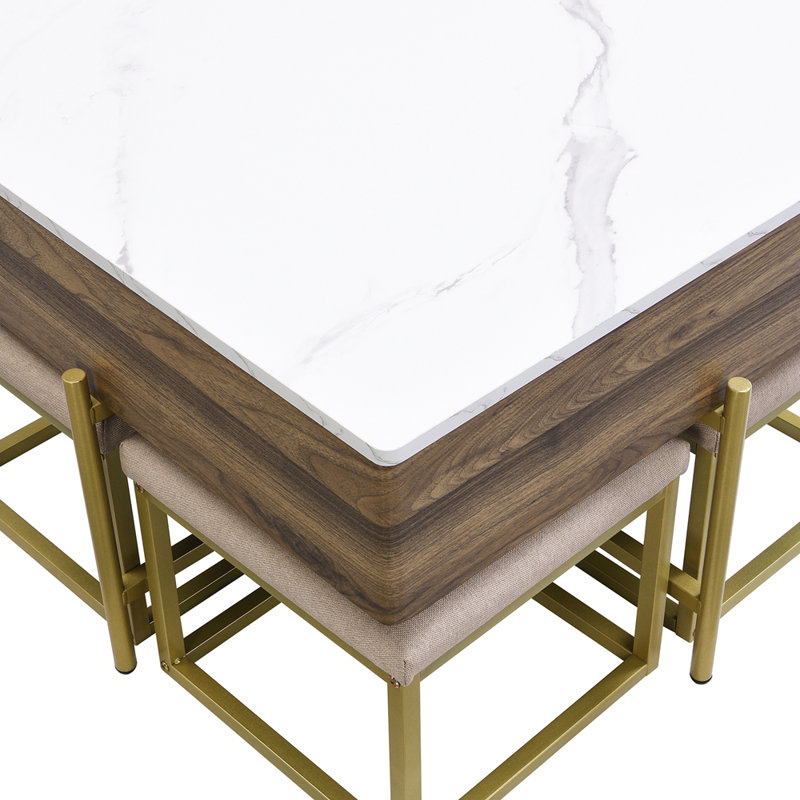 Modern Square Lift-Top Coffee Table Set with Storage & 4 Ottomans White & Walnut