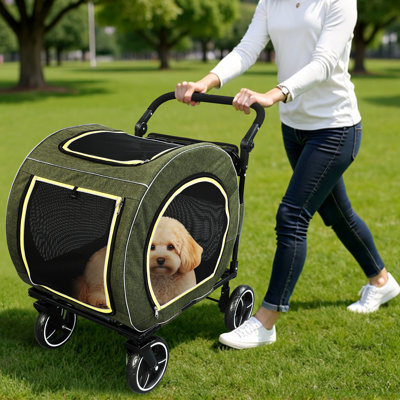 Poussette pour animaux 3 en 1 pour chiens de taille moyenne avec un poids de 50 lb, siège d'auto amovible avec poignée réglable, poussette pliable pour chien à 4 roues avec suspension et filet respirant pour le voyage, vert