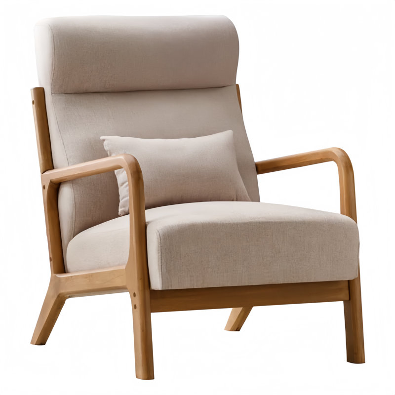 66cm Wide Mid-Century Solid Wood Frame Upholstered Armchair with Lumbar Support Pillow, Beige 