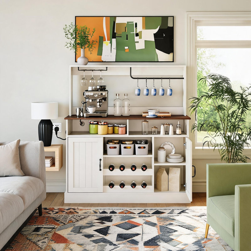 Armoire-bar 47,2 po Farmhouse avec prises de courant, grande armoire-buffet avec porte-bouteilles, porte-gobelet, 5 crochets, armoire et table basse pour la cuisine et le salon, blanc