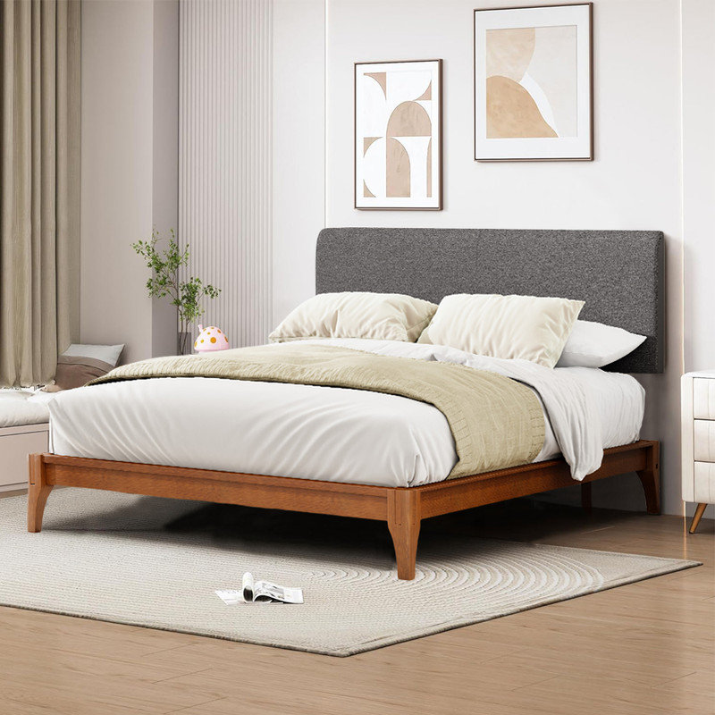 Solid Dry Bamboo Wood Platform Bed with Adjustable Upholstered Headboard, King