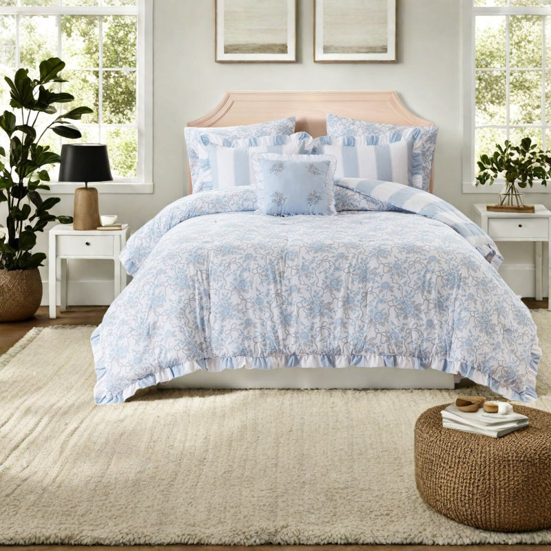 Ensemble de literie bleu pour lit double et queen, couette à volants en microfibre, chambre à coucher à motif floral en toile