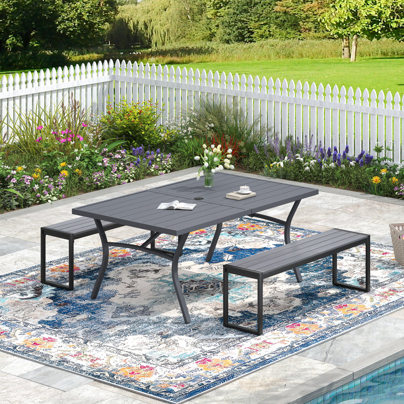 Ensemble repas d'extérieur 6 personnes avec banc, Gris