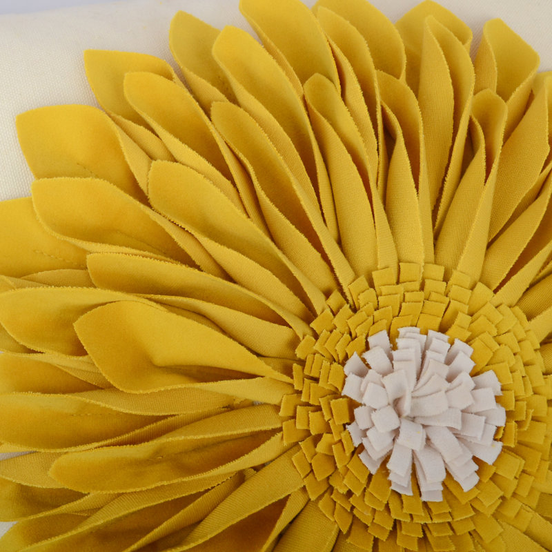 Appliqued Floral Accent Pillow Cover Sunflower Decorative Throw Pillow Case 18in, Yellow/Beige