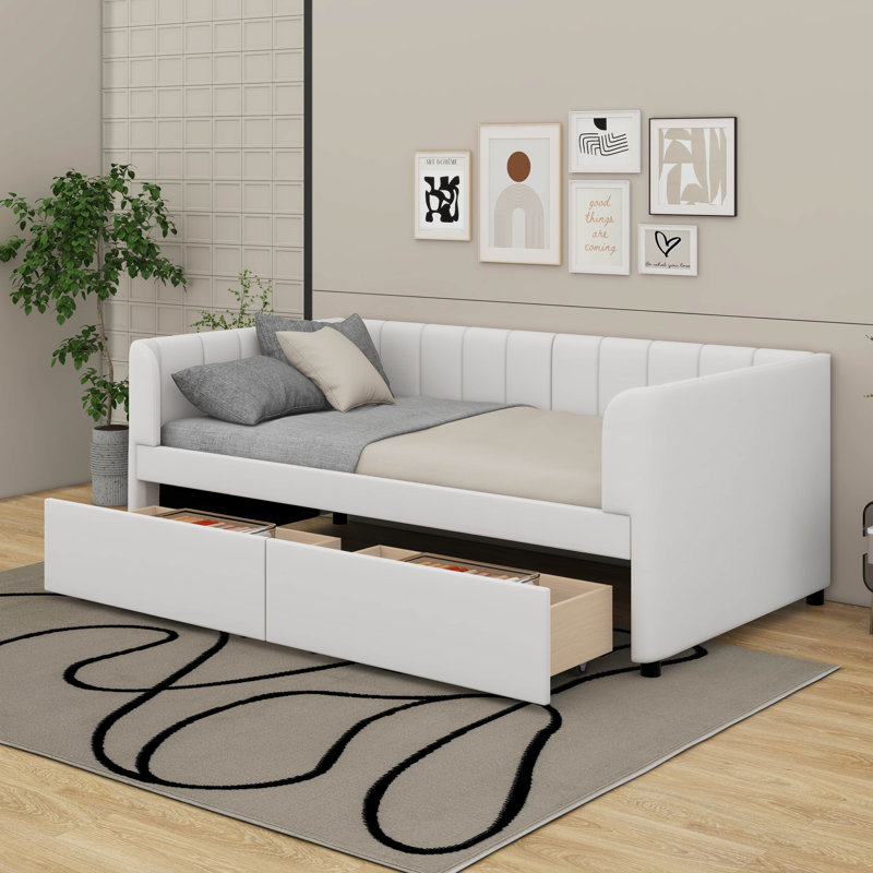 Lit de jour simple tapissier avec tiroirs, Beige