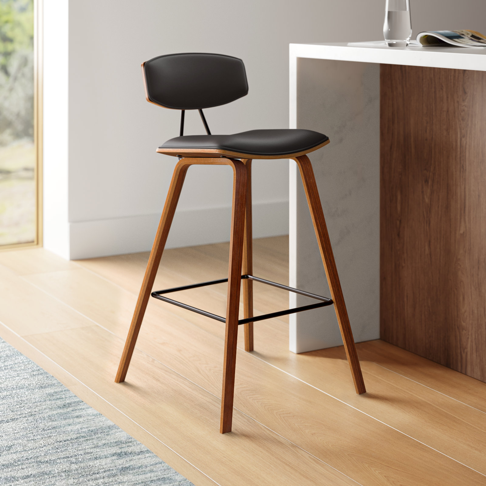 Bilgin 29" Bar Stool, Bar Stool (29" Seat Height), Brown Faux Leather, Walnut