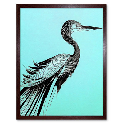 Heron Illustration Pen Ink Black Blue 1 Piece Wall Art